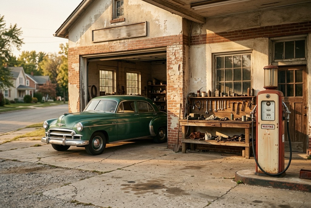 A vintage corner service garage
